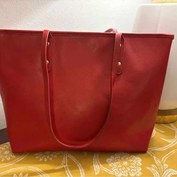 Coach Red Pebbled Leather Tote with Gold Accents - Picture 2 of 14
